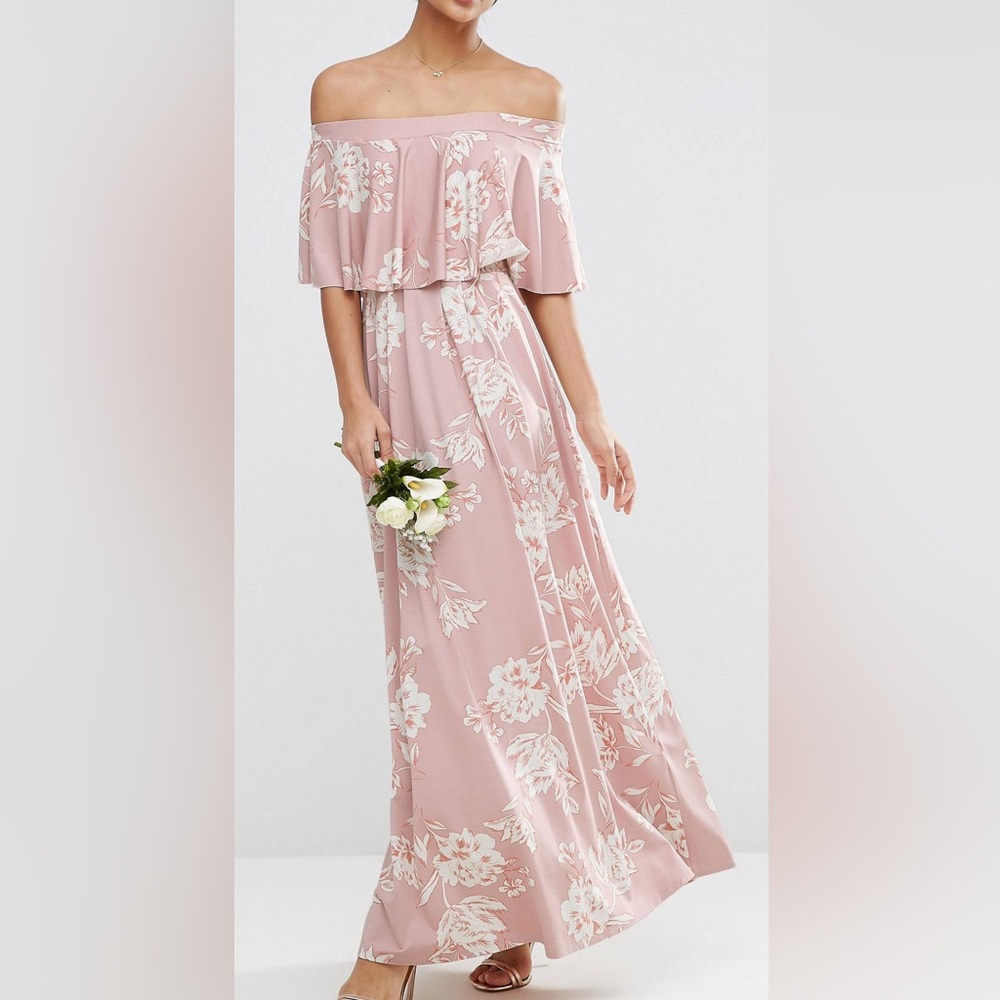 ASOS WEDDING Off Shoulder Frill Maxi Dress.